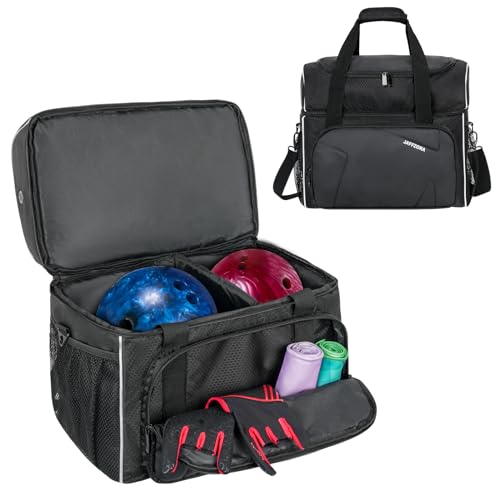 Jamiukro Bowling Balltasche, 2 Bälle Bowlingtasche mit abnehmbarem gepolstertem Kissen und Ballhalter, passend für EIN einzelnes Paar Bowlingschuhe bis Größe 16 für Herren, Schwarz