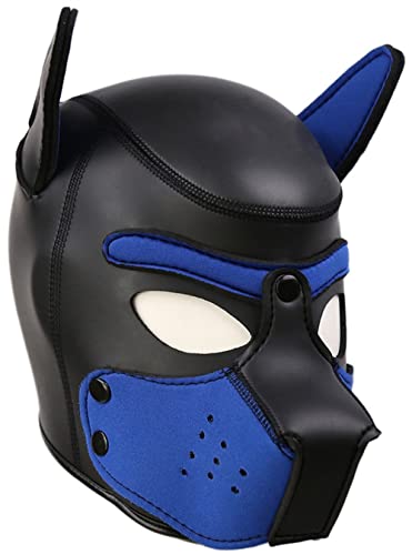 YiQin RWSX Hundemaske, Weiche Latex Petplay Hundemaske mit Ohren Welpenmaske Hunde Masken, Abnehmbarer Mund, Geeignet für Halloween, Urlaubsparty (X-Large, Blue)