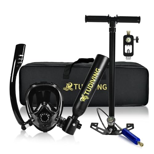 TUDIVING-0,5 l tragbares Tauchflaschenset, Mini-Sauerstoffflasche mit Vollgesichts-Schnorchelmaske, Reise-LANG-Tanks für Tauchrettung/Bootsreinigung (S200Plus Black-A1)