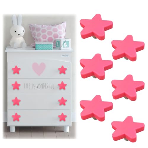 NHQ 6 Stück Schrankknöpfe Kinderzimmer,Kinderzimmer Schrankknöpfe Stern Form Schubladeknöpfe Weiche Gummi Möbelgriff Knöpfe für Schränke Schubladen Kleiderschrank Kommode(Rosa)