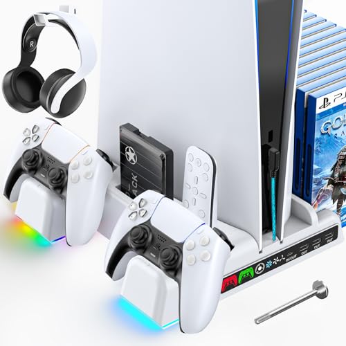 PS5 Ständer mit 3 USB Anschlüsse, PS5 Controller Ladestation mit RGB Licht, PS5 Kühler mit 3-stufig Lüfter, Aufbewahrung für Headset, 14 Spiele, Fernbedienung & Festplatten, PS5 Zubehör