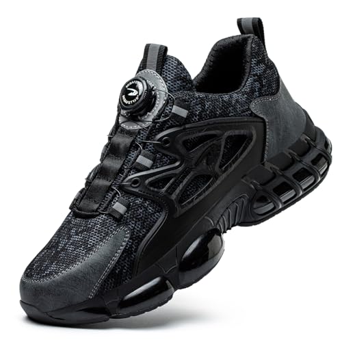 GemChve Arbeitsschuhe Sicherheitsschuhe Herren Damen Stahlkappen Anti-Smashing Leicht Sportlich Atmungsaktiv Selbsthemmend Schnellverschluss Mode Schutzschuhe Black 43 EU