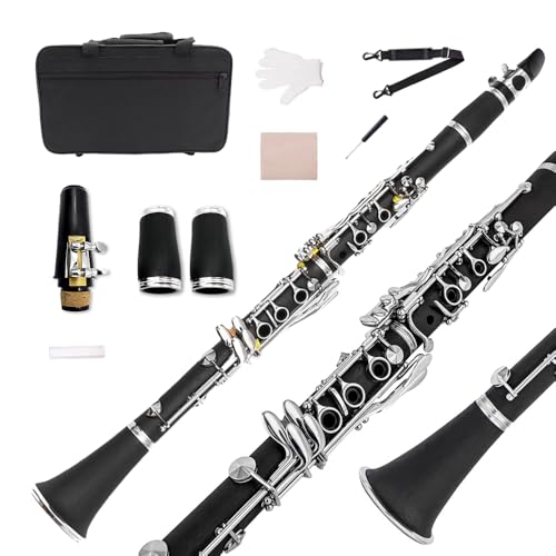 Yinfente Professionelle B flache Klarinette, Ebonitholz, 2 Fässer, mit Tasche, Stoff, Zubehör (schwarz)