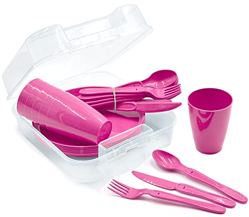 31-teiliges Picknick-Set, Picknickkorb und Mehrweggeschirr für 6 Personen, idealer Picknickkoffer für Camping, Strand, Wohnmobil, und Rucksackreisen (Pink)