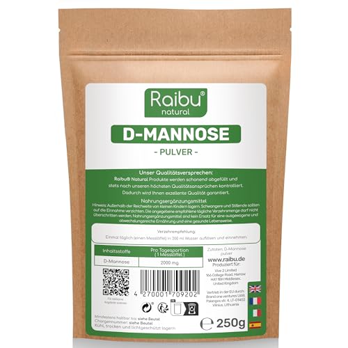 D-Mannose Pulver 250g - D Mannose Pulver in Deutschland abgefüllt & Laborgeprüft - Natürlich, Vegan - Extra Dosierlöffel - RAIBU