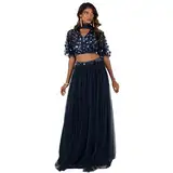 Maya Deluxe Women's Indian Traditional Dress Women Outfit Choli Lehenga Saree Skirt and Top Dupatta Coord Set for Wedding Guest Lengha, Navy Sequins, 10