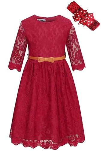 BINPAW Hochzeitskleid für Mädchen, Blumenspitze, mit Gürtel, C-burgunderrot, 3-4T