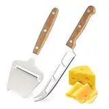 2 Stück Käsemesser mit Holzgriff, 420 Edelstahl Käsehobel, Käseschneider Set, Butterschneider, Edelstahl mit Wellenschliff 15 cm, Perfekt zum Schneiden von Weichkäse und Schnittkäse (Silber)