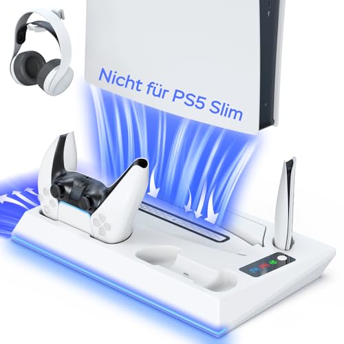 PS5 Ständer mit PS5 Controller Ladestation und 3 Stufig PS5 Lüfter für PS5 Digital/PS5 Disc, 4 in 1 PS5 Standfuß PS5 Kühler PS5 Ladestation Headset/Fernbedienung Halterung PS5 Zubehör mit Ladekabel