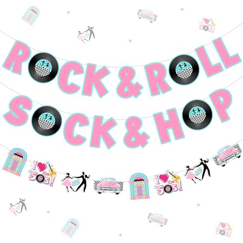 Fangleland Sock Hop Rock and Roll Banner Girlande, 50er Jahre Party Dekorationen, 1950er Jahre Thema Ich liebe die 50er Jahre Musik Themed Birthday Party Supplies Hanging Decors