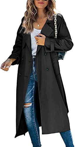 Loalirando Damen Trenchcoat Zweireiher Langer Mantel Klassische Herbst Frühling Jacke Winddichter Mantel (Schwarz, L)