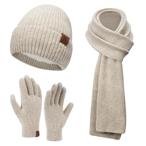 ZASFOU Damen Winter Mütze Schal Touchscreen Handschuhe Set Thermo Beanie Wintermütze Strickmütze Schlauchschal Winterhandschuhe Geschenk für Frauen