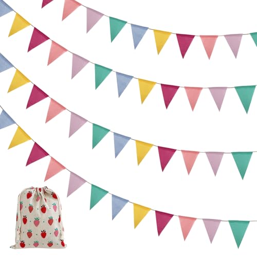 48 Fahnen 52ft Wimpelkette Outdoor Wetterfest, Girlande Geburtstag Matschküche Zubehör mit Kordelbeutel, Dreieck Wimpelkette Kinderzimmer Imitation Leinen für Garten Klassenraum Geburtstag Party Deko
