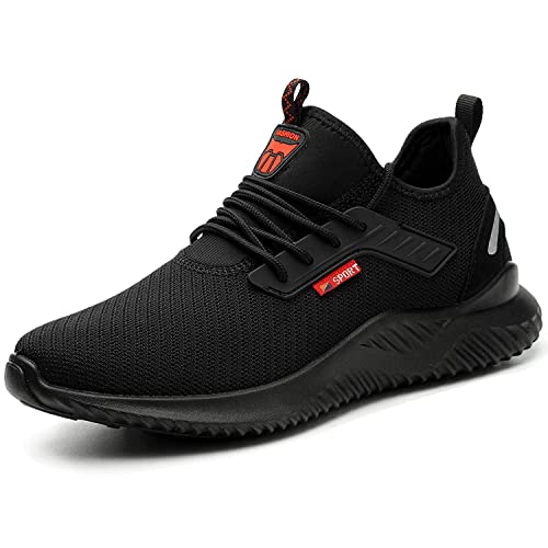 Calish Sicherheitsschuhe Herren Damen Arbeitsschuhe Leicht Stahlkappenschuhe Sportlich rutschfeste Atmungsaktiv Schutzschuhe Stahlkappe Sneaker Schwarz, 43 EU