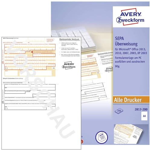 AVERY Zweckform 2817-200 Überweisung/Zahlschein (PC-Druckerformular, A4, von Rechtsexperten geprüft, für Deutschland, zum einfachen Erstellen von Überweisungen am PC, 200 Blatt)