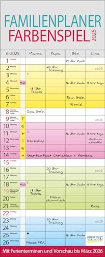 Familienplaner Farbenspiel 2025: Familienkalender für 4 Personen, bunt mit Ferienterminen, Vorschau bis März 2026 und nützlichen Zusatzinformationen.