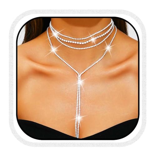 Reaky Strass-Halsketten, silberfarbene mehrreihige Halskette, Kristall-Halskette, Ketten, Hochzeits-Accessoires für Damen