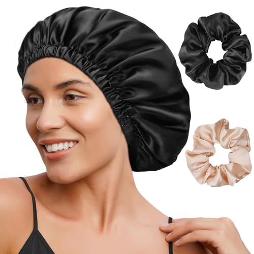 FOLAI 1 Stück Schlafmütze Satin Bonnet Nacht Schlaf Mütze Verstellbare Schlafkappe Kopfbedeckung Weiche Kopfhaube Schlafhaube Seide mit Gummizug für Damen und Mädchen