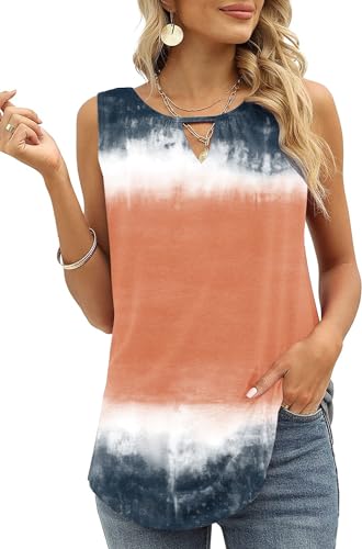 Cuptacc Tunika Damen Sommer Elegant Oversize Rundhals Top Cute Ärmellose Hemden Lose Business Blusen Schwarze Orangefarbener Krawattenfarbstoff 2XL 50-52