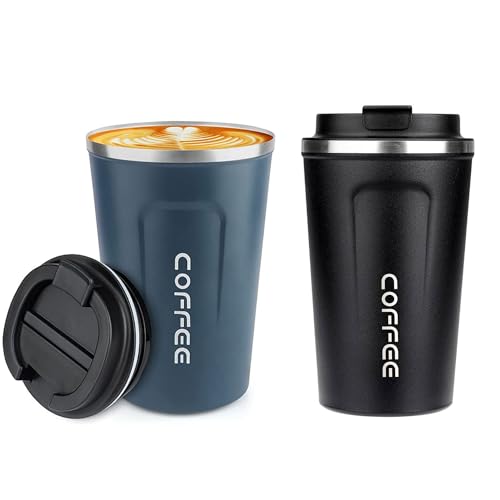 ERBO Kaffeebecher to go, Thermobecher Edelsthal, Auslaufsicher Kaffeetasse Kaffeebecher mit Deckel, Kaffeetasse Thermobecher für Unterwegs Umweltfreundlich, (Blau + Schwarz) 380ml