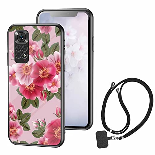 TTVV für Xiaomi Redmi Note 11S Härte Gehärtetes 9H Glas Hülle,Anti-Drop Kratzfest Handyhülle Blume Muster Cover mit Verstellbar Abnehmbar Universelle Handykette Lanyard