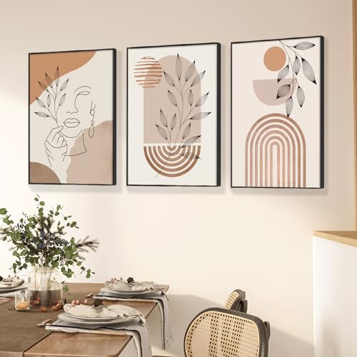 Gouwgenr Boho Wandkunst Set von 3 Stück BohoRaumdekoration Mitte Jahrhundert Schlafzimmer Dekor Minimalistische Wandkunst Büro Wanddekoration Gerahmtes Kunstwerk für Wand Leinwanddrucke 40x58cm