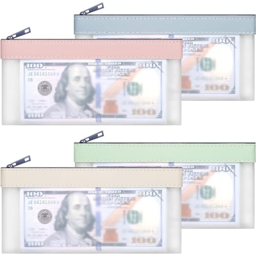 ZEPIQOR 4 Stück geldaufbewahrung, geldtaschen banktasche, Geldtaschen Banktasche, 22 x 10cm Transparente Federmäppchen Beutel mit Reißverschluss für Bargeld Scheck Quittungen Organizer