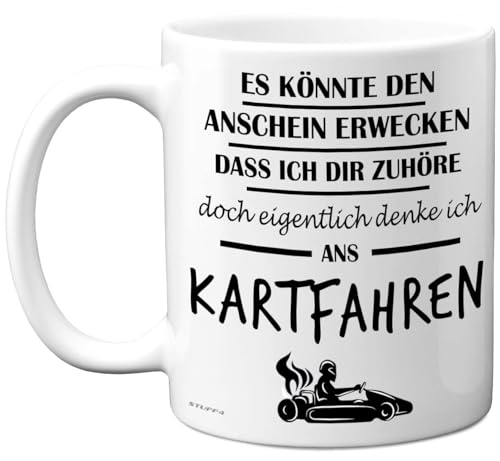 Karting-Geschenke – Eigentlich Denke Ich ans Kartfahren Tasse – Lustige Motorsport-Tasse, Geschenke für Gokart-Fahrer, Karting-Präsente, 325 ml Premium-Keramiktasse, spülmaschinenfest