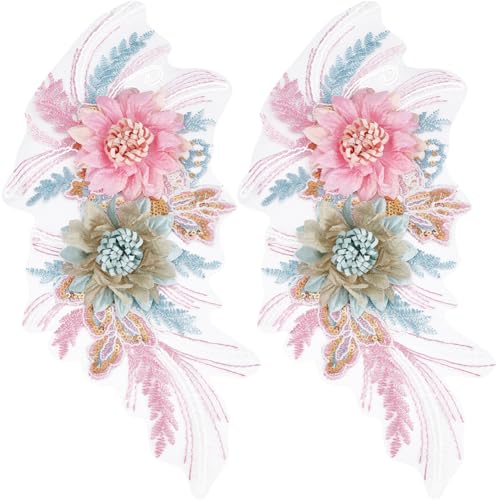 CABODYALS 2 Stück Rosa 3D Blumen Pailletten Stickerei Applikationen Spitzen Fleur Blumenapplikationen Florales Patches Flicken Stoff Aufkleber Zum Aufnähen Auf Zum Nähen Basteln Kleidung Reparatur