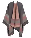 DiaryLook Damen Poncho Schal Winter Cardigan Übergroße Cape Elegant Poncho Für Frauen Umhang Damen Warm Geschenk Für Mutter Dunkelgrau und Rot Gestreift