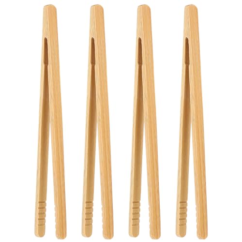 PEOVLVN 4 Stück Toast Tongs,Bambus-Toastzange,Rutschfestem Grillzange Holz,Wiederverwendbare Holzzange,Mini-Holz-Kochzange Kleine Küchenzange Für Salat, Grillen, Braten-17.8cm