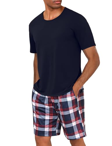 Uniexcosm Schlafanzug Herren Baumwolle Kurz Zweiteiliger Pyjama Set Nachtwäsche Kurzarm Oberteil und Karierte Schlafanzughose Hausanzug Sleepwear A:Dunkelblau XXL