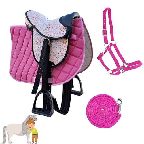 MY SWEET PONY® Kinder Shettysattel-Set Pink Flower + Halfter + Führstrick | Sattel für Pony Shetty und Holzpferd | Alles enthalten | kompletter Sattel | Ideal für erste Reitversuche