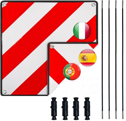 WISCRAFTER Warntafel für Spanien und Portugal Fahrradträger,3 In 1 Alu Reflektierend Warnschild(50 x 50 cm) mit 4X Spannseile,Zertifizierte für Fahrradträger Heckträger & Auto Wohnmobil