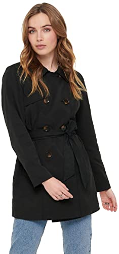 ONLY Damen Kurzer Trench Coat | Eleganter Basic Übergangs Mantel | Jacke Zweireihig mit Gürtel ONLVALERIE, Farben:Schwarz, Größe:M