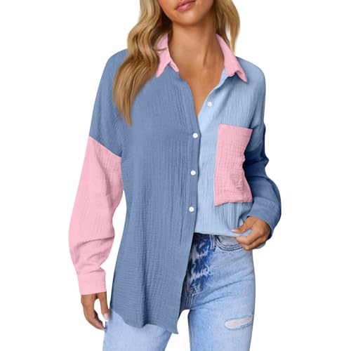 Discounter Leinenbluse Damen Musselin Bluse Shirt Lange Ärmel Damen Blusenshirt Oberteile T-Shirt Damen Oversize Tunika Leinenhemd Damen Longtops Damen Lang Leinenbluse Damen(#B Blau,M)