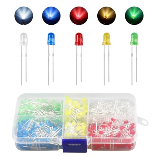 500 Stück LED Leuchtdioden 3mm – 5 Farben (Rot, Gelb, Blau, Grün, Weiß), Extra Hell, 20mA, 3V LED Dioden Sortiment für Wissenschaft, DIY, Heimwerker & Elektronikprojekte