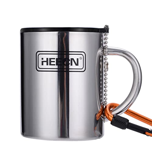 HEECN® Camping Becher Mit Deckel und Karabiner - Edelstahl Tasse - Thermo - Kaffeebecher - Doppelwandige Isolierbecher BPA-frei HESS-038BBK (400 ml mit versiegeltem Trinkdeckel)