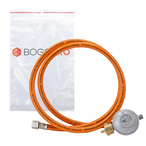 BOGAPRO Set aus Propangasschlauch 150 cm und Gasdruckregler 50 mbar, Druckminderer Gas 1/4" Linksgewinde, Gasschlauch und Druckregler inkl. Polybeutel, Polyvinylchlorid (PVC)