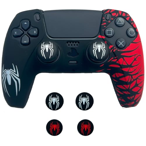 ElitePlay Schwarze und rote Spinne, rutschfeste Silikon-Schutzhülle für PS5-Controller, weiche Gummi-Hülle für PS5-Wireless-Controller mit 2 Sets Daumengriffen