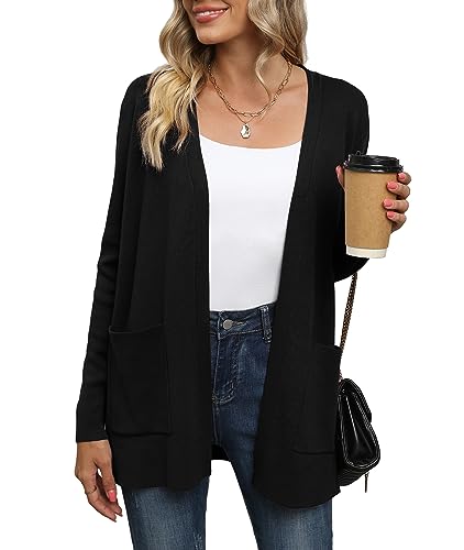 Yommay Strickjacke für Damen Elegante locker lässig leichtes Frauen Herbst Langarm Pullover mit Taschen,Schwarz,M