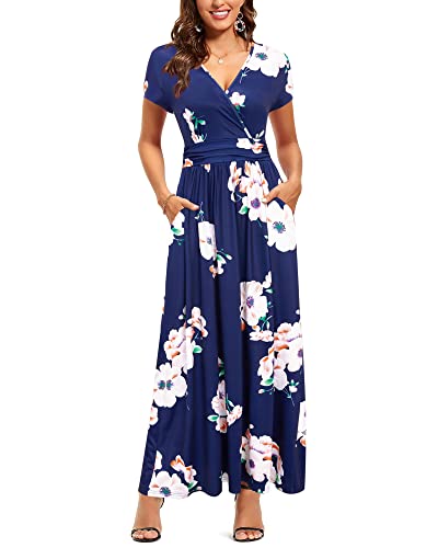 OUGES Sommerkleid Damen Kurzarm V-Ausschnitt Kleider Casual Boho Kleid Maxikleid mit Taschen Partykleid(Floral-12, XL)