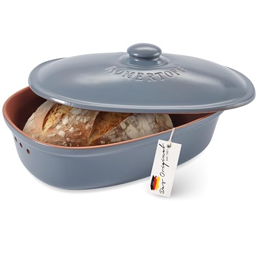 Römertopf Brottopf aus natürlicher Keramik, ideal für die Aufbewahrung von Brot und Gebäck 30x21x14.5cm blau-grau