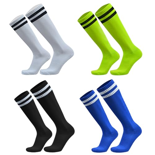 LURVOUS 4 Paar Fußballsocken Kinder, Kniestrümpfe Kinder Lange Fußball Basketball Socken Rugby Socken, Kniehohe Sportsocken Trainingssocken für Jungen Mädchen von 5-12 Jahren (Polyester, 4 Colors)