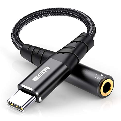 ESR USB C auf 3,5 mm Kopfhörer Adapter, USB C Klinke Adapter für Aux Audio, Kompatibel mit Galaxy S23/S22/S21/S20/Note10/A52, iPad Air 5/4, iPad Pro 12.9/11, iPad Mini 6, Schwarz