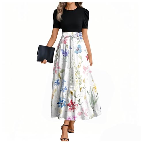 Angebote des Tages Heute, Sommerkleider Damen Kurzarm Lässig Rundhals Blumendruck A-Linie Kleid Maxikleid Partykleid Freizeitkleid Strandkleider,Weiß,L