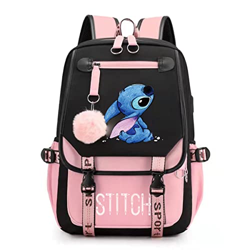 RWBLA Damen Mädchen Usb Schultasche Große Kapazität Stitch Rucksack Lässig Rosa, mehrfarbig, (23424SDQ019)