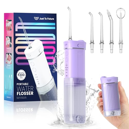 JTF Munddusche Mini, Tragbar Elektrische Zahnreinigung Kabellos, Reise Zahnzwischenraumreiniger mit 5 Ersatzdüsen, 4 Modi Water Flosser, 230ML Versenkbarer Wassertank, IPX7 Wasserdicht(Violett)