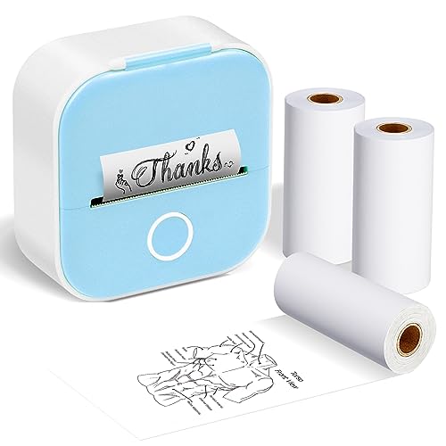 ASprink T02 Mini Drucker mit 3 Papierrollen, Pocket Printer, Etikettendrucker, Aufkleberdrucker, Thermodrucker, Bluetooth, Inkeless für Notizen, Memos, Zeitschriften, DIY