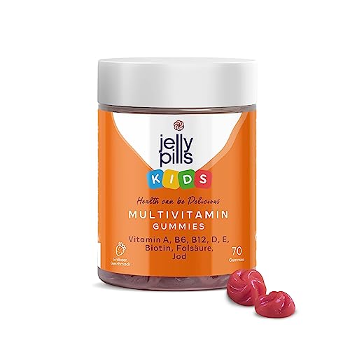 Jelly Pills® Multivitamine und Mineralien Kinder 70 Gummies - ohne Zuckerzusatz - Gummis mit Erdbeergeschmack 10 Wochen - mit allen Vitaminen A B C D E Biotin Folsäure Zink Jod Magnesium Chrom